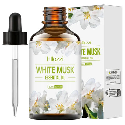 Hllozi White Musk essential oil bottle with dropper and floral packaging for health and beauty use.