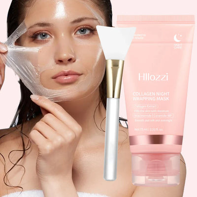 Model applying Hllozzi Collagen Night Wrapping Mask with a jelly brush for hydration and beauty care.